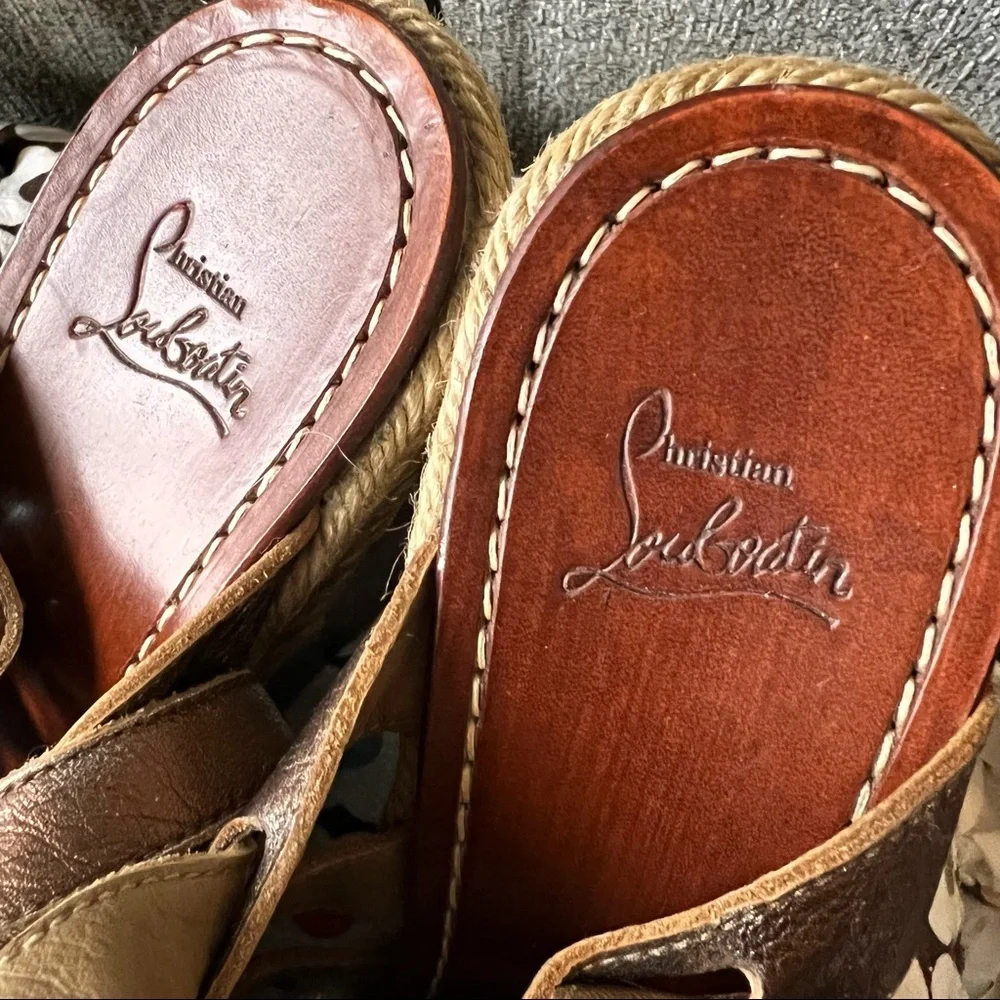 Christian Louboutin Bronze Barcelona Leather Espadrille Wedge Sandals Size EU 39
